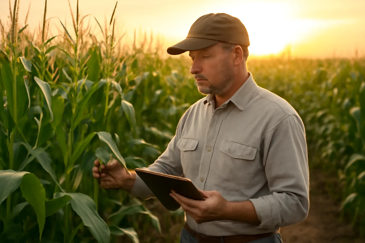 Farm adjuster in Arizona inspecting crops at sunset