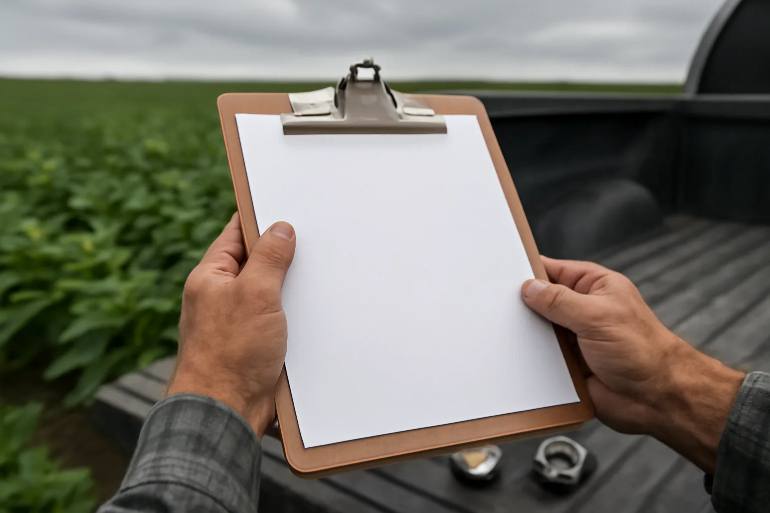 Farm adjuster holding clipboard in Arkansas soybean field