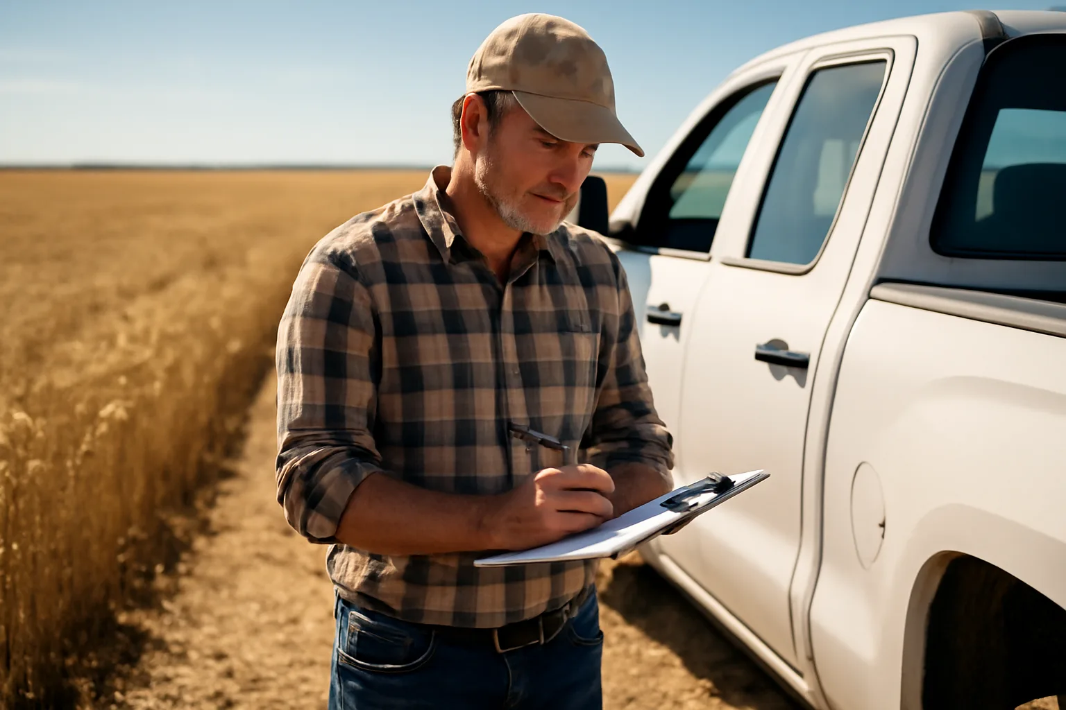 Crop adjuster working in an Arizona wheat field under clear sky
