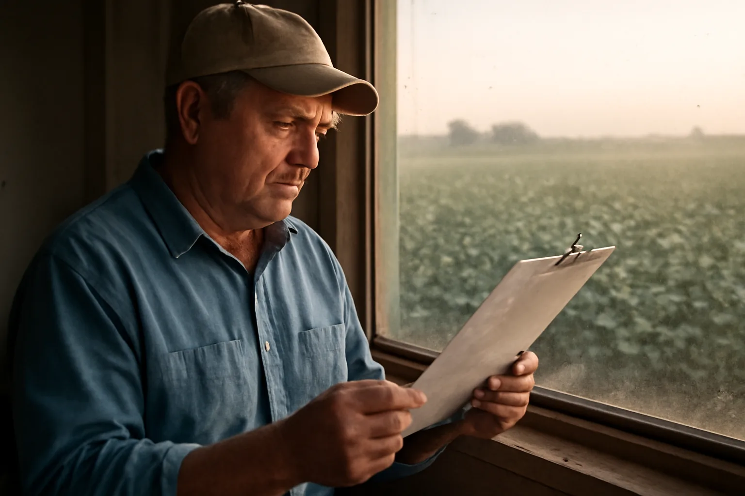 Crop adjuster reviewing license paperwork in a farm office in the Arkansas Delta