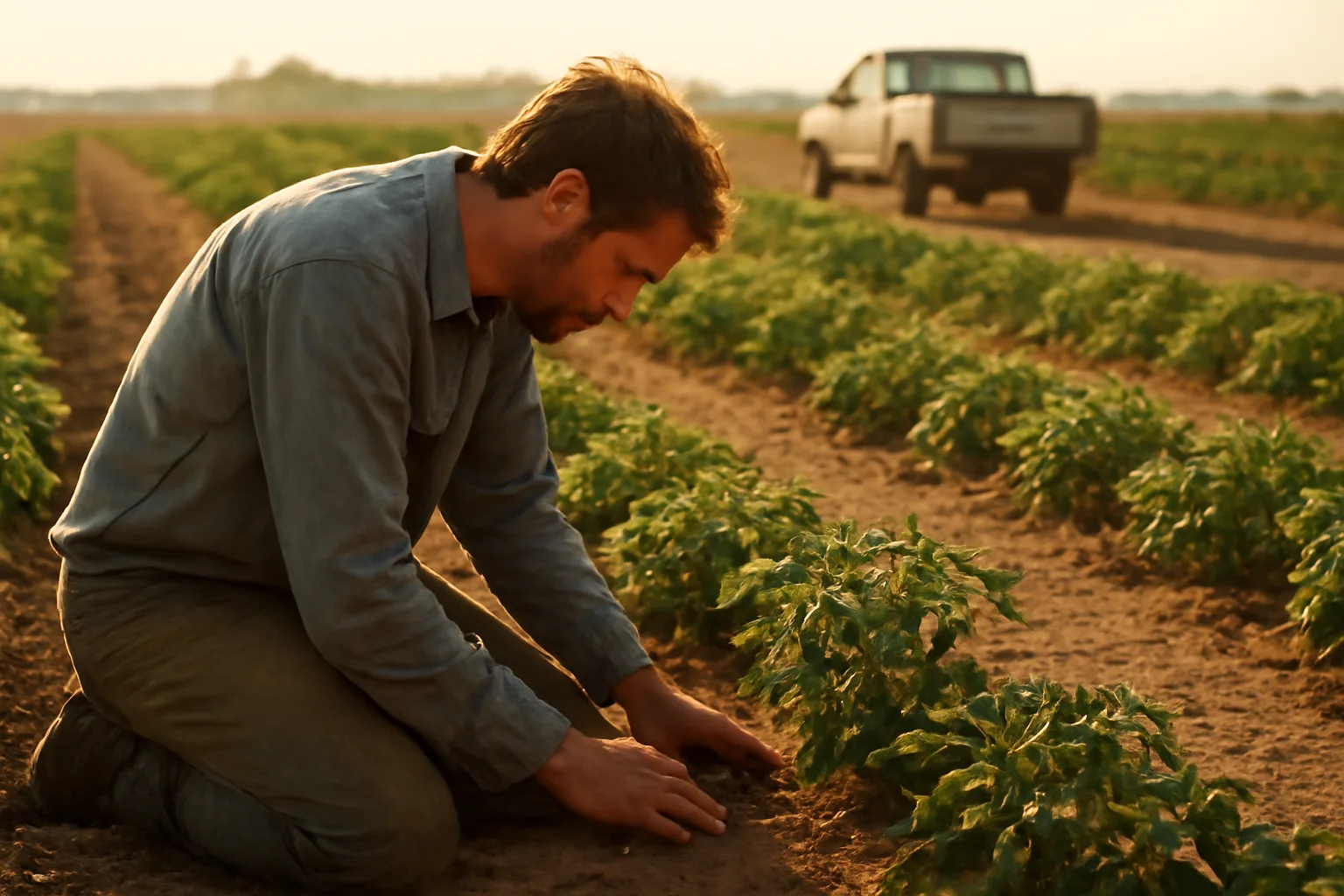 Farm adjuster kneeling in a California tomato field at dusk