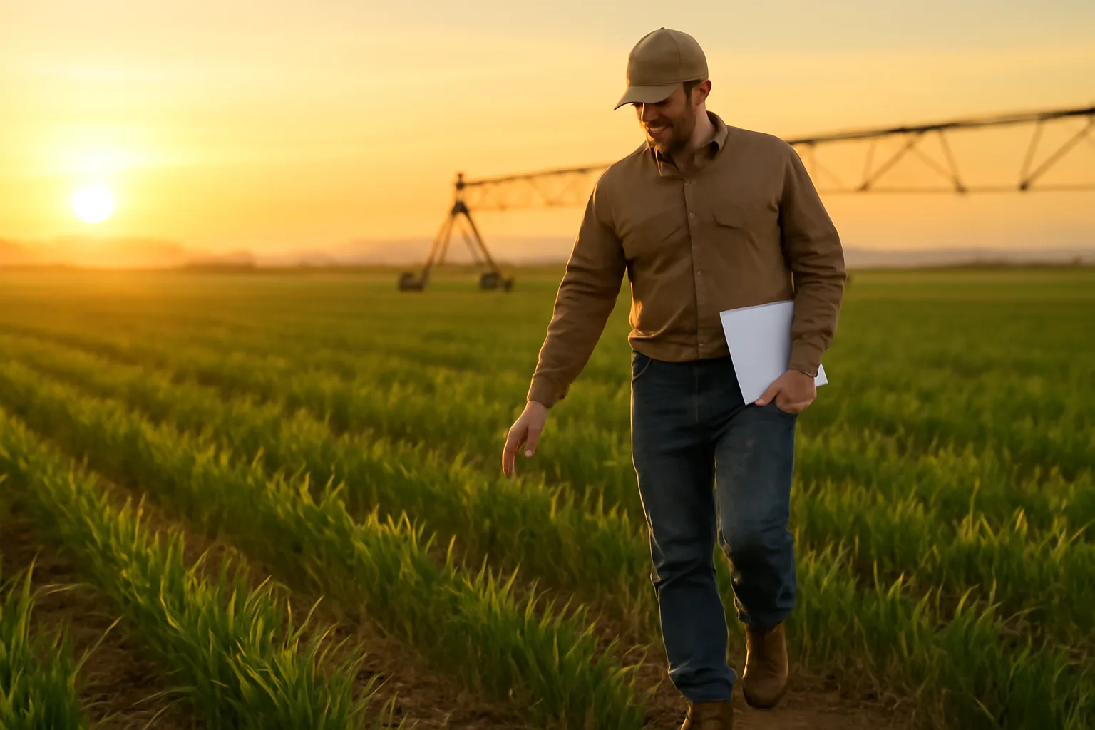 Crop adjuster walking young wheat field in central Arizona at sunrise
