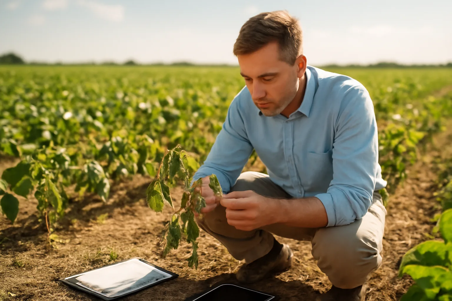 Farm adjuster inspecting soybean plants in an Arkansas field