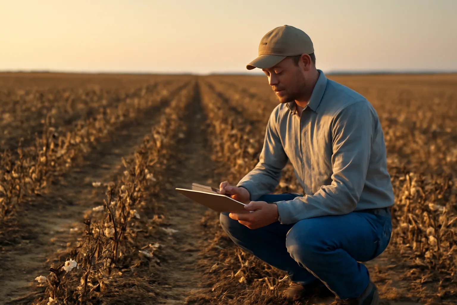 Farm adjuster kneeling in a damaged Alabama cotton field at sunrise