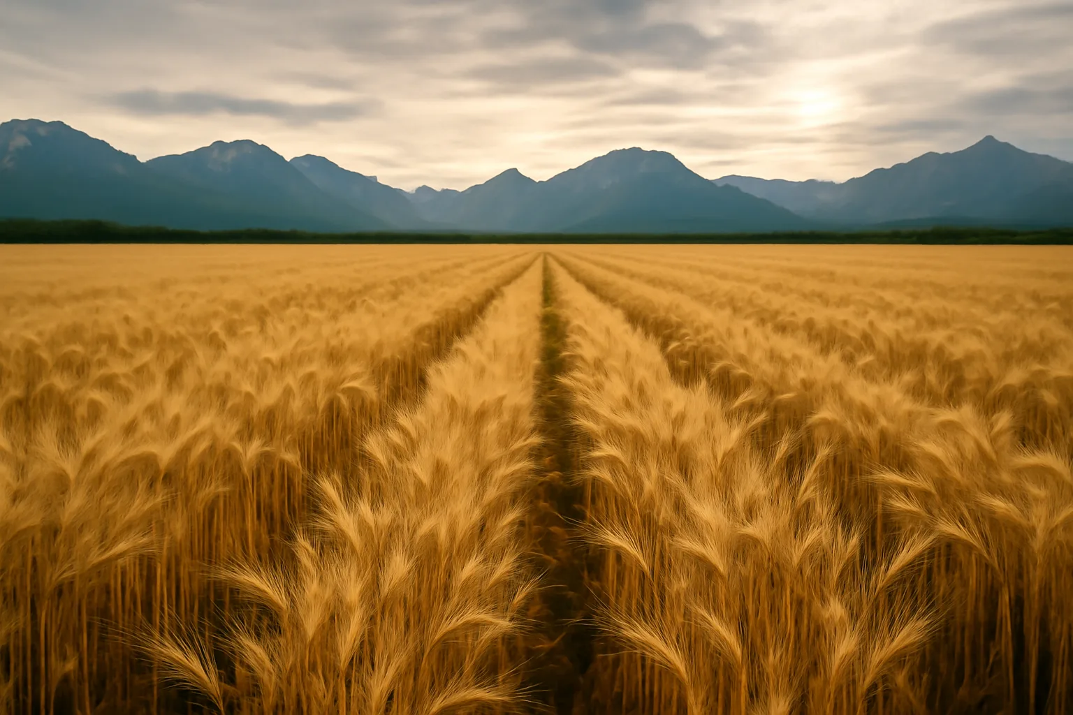 Barley field in Alaska's Matanuska-Susitna Valley under soft summer light