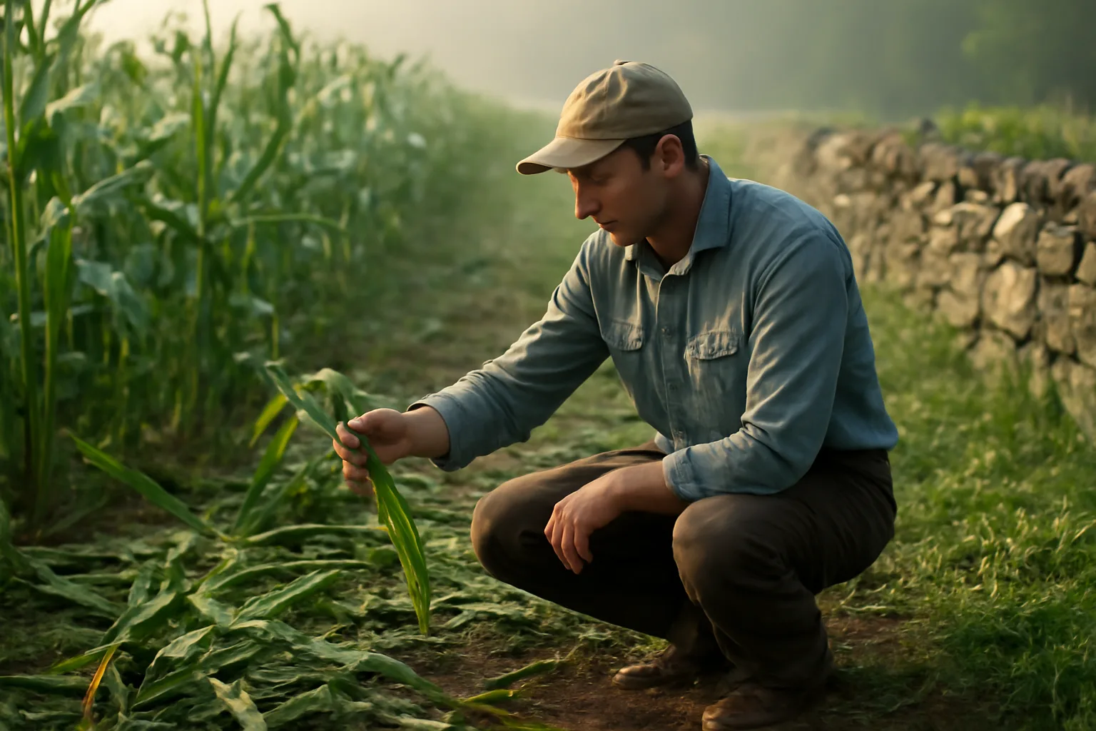 Adjuster inspecting hail-torn corn beside a Connecticut stone wall