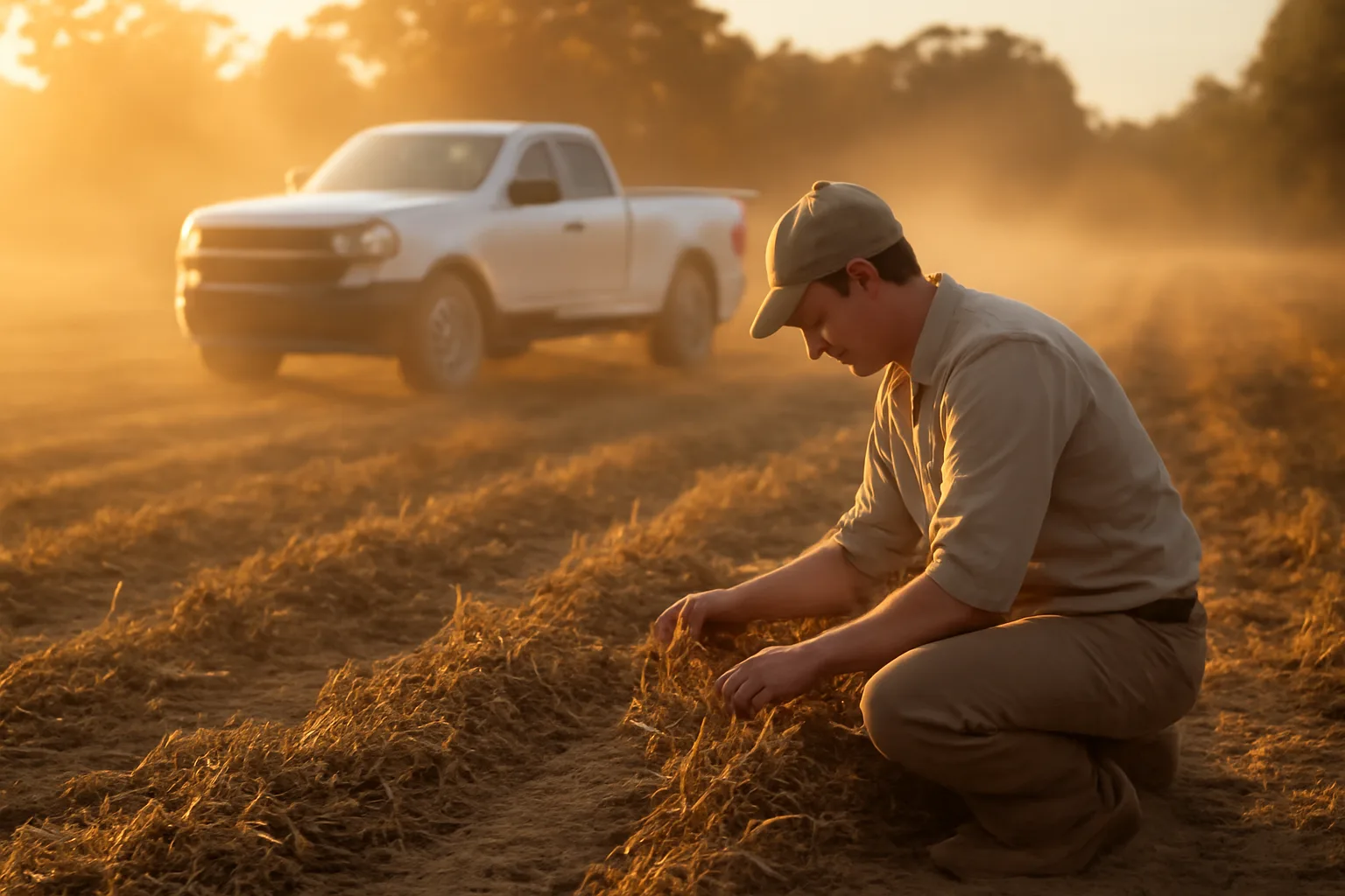 Farm adjuster kneeling in a south Georgia peanut field at dusk