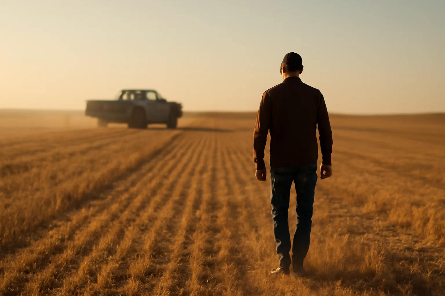 Farm adjuster walking Idaho wheat stubble beside a pickup at dusk