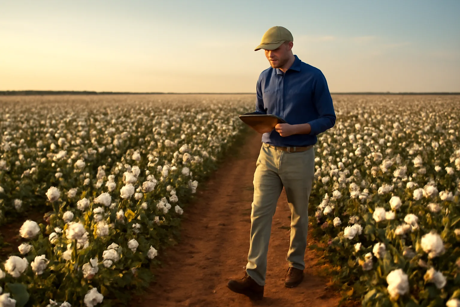 Farm adjuster walking Alabama cotton field rows at golden hour
