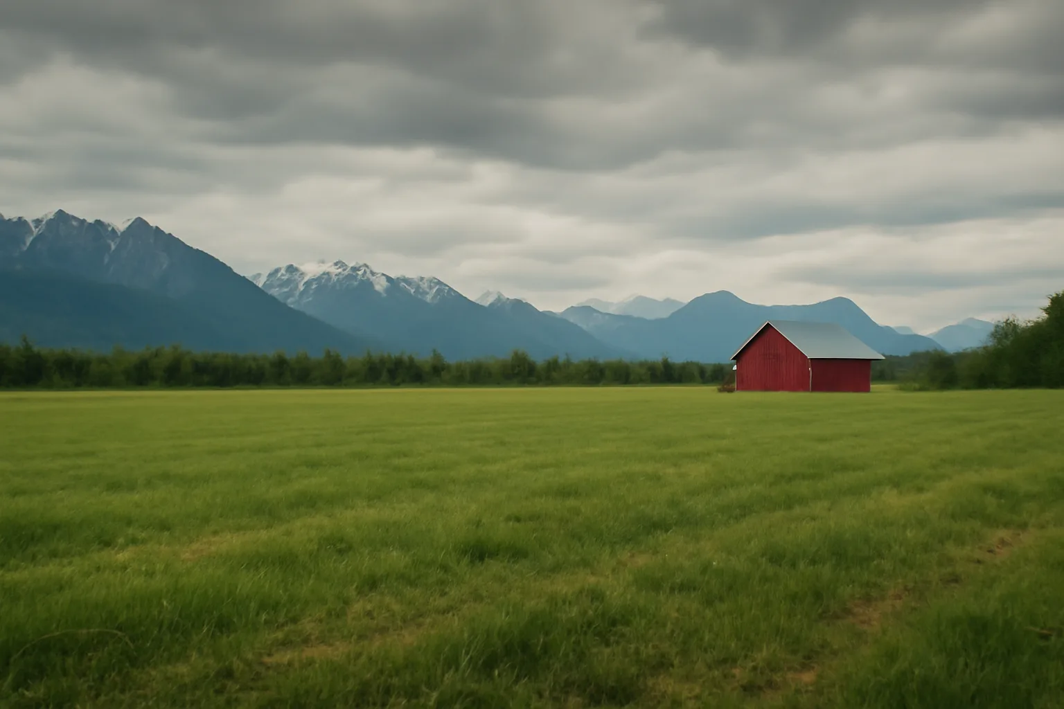 Green hay field in the Matanuska-Susitna Valley with a red barn and snow-capped mountains