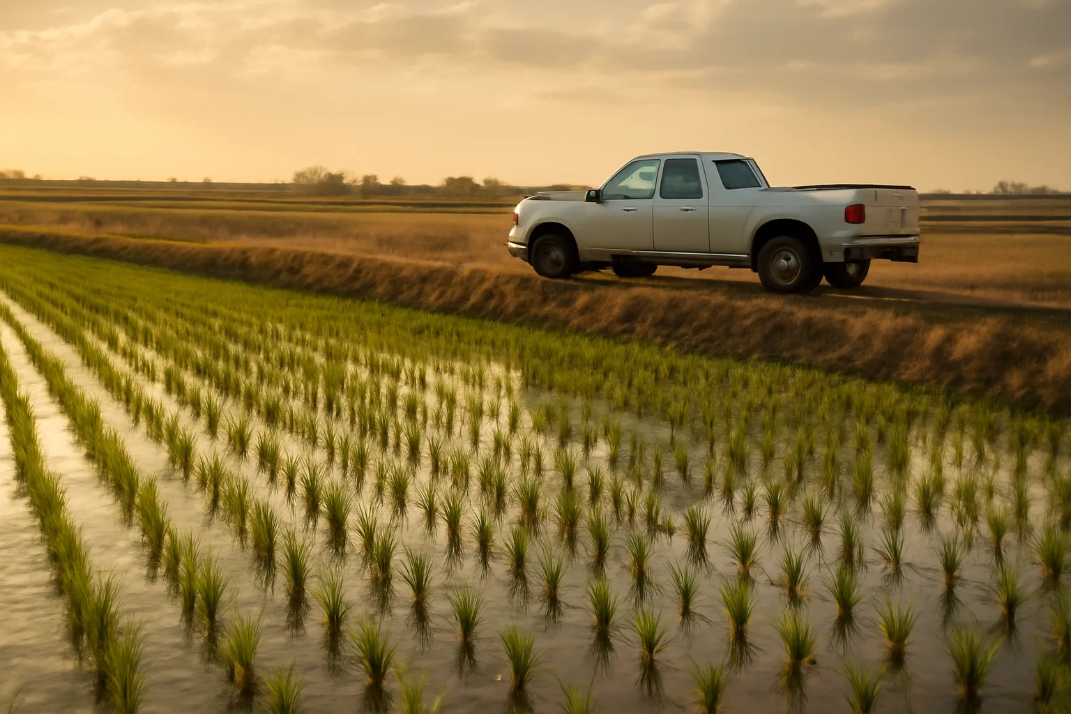 Unmarked pickup by a hail-wet California rice field at dusk
