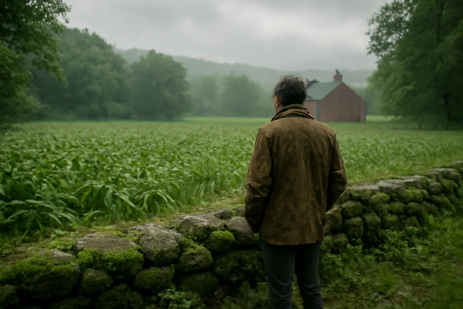 Farm adjuster in a wet Connecticut cornfield after a summer storm