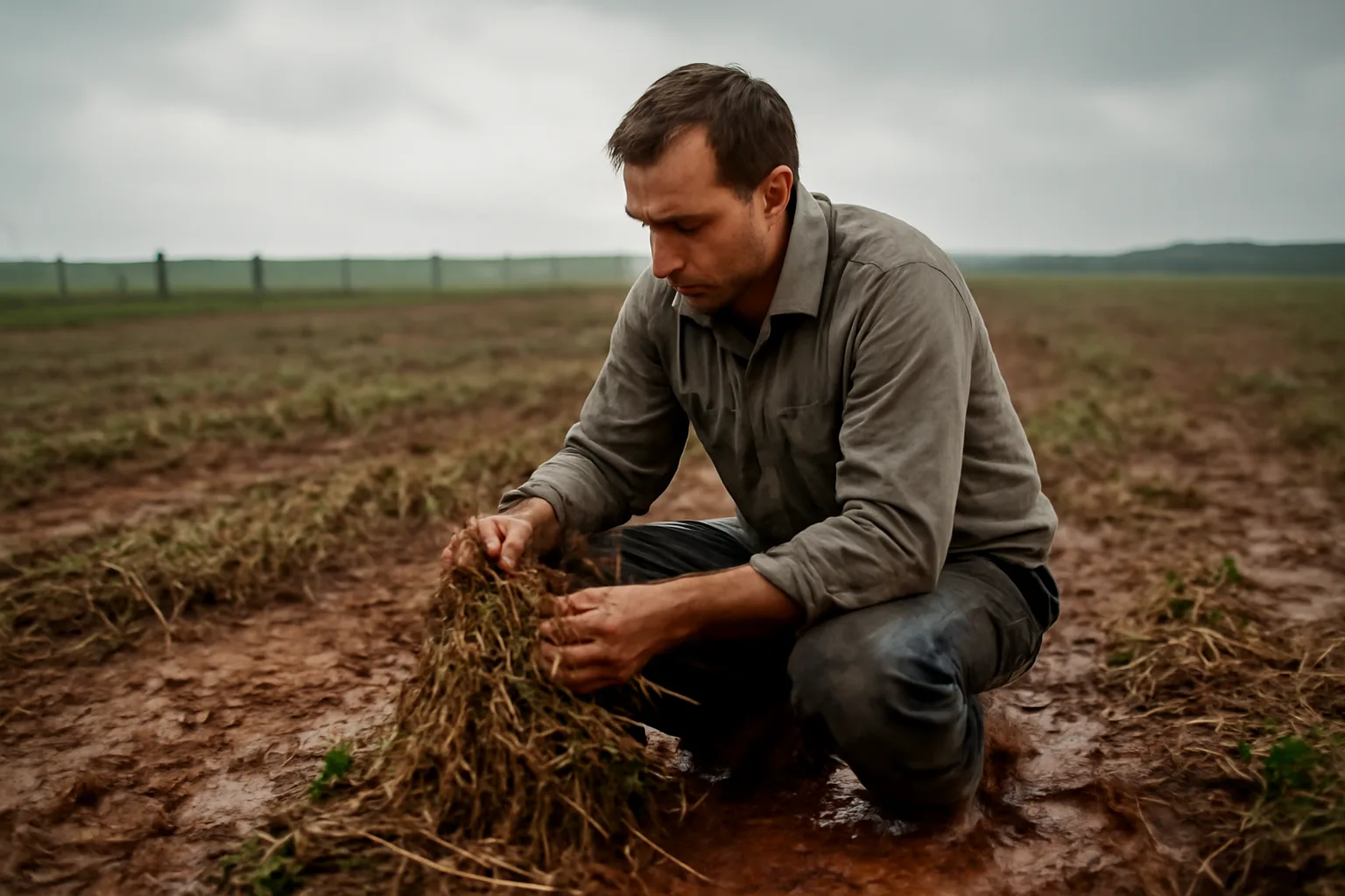 Farm adjuster inspecting storm-damaged peanut plants in a Florida field