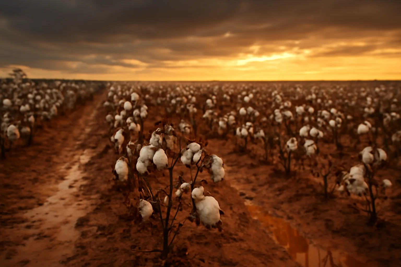 Wet Georgia cotton field after a storm, farm adjuster country