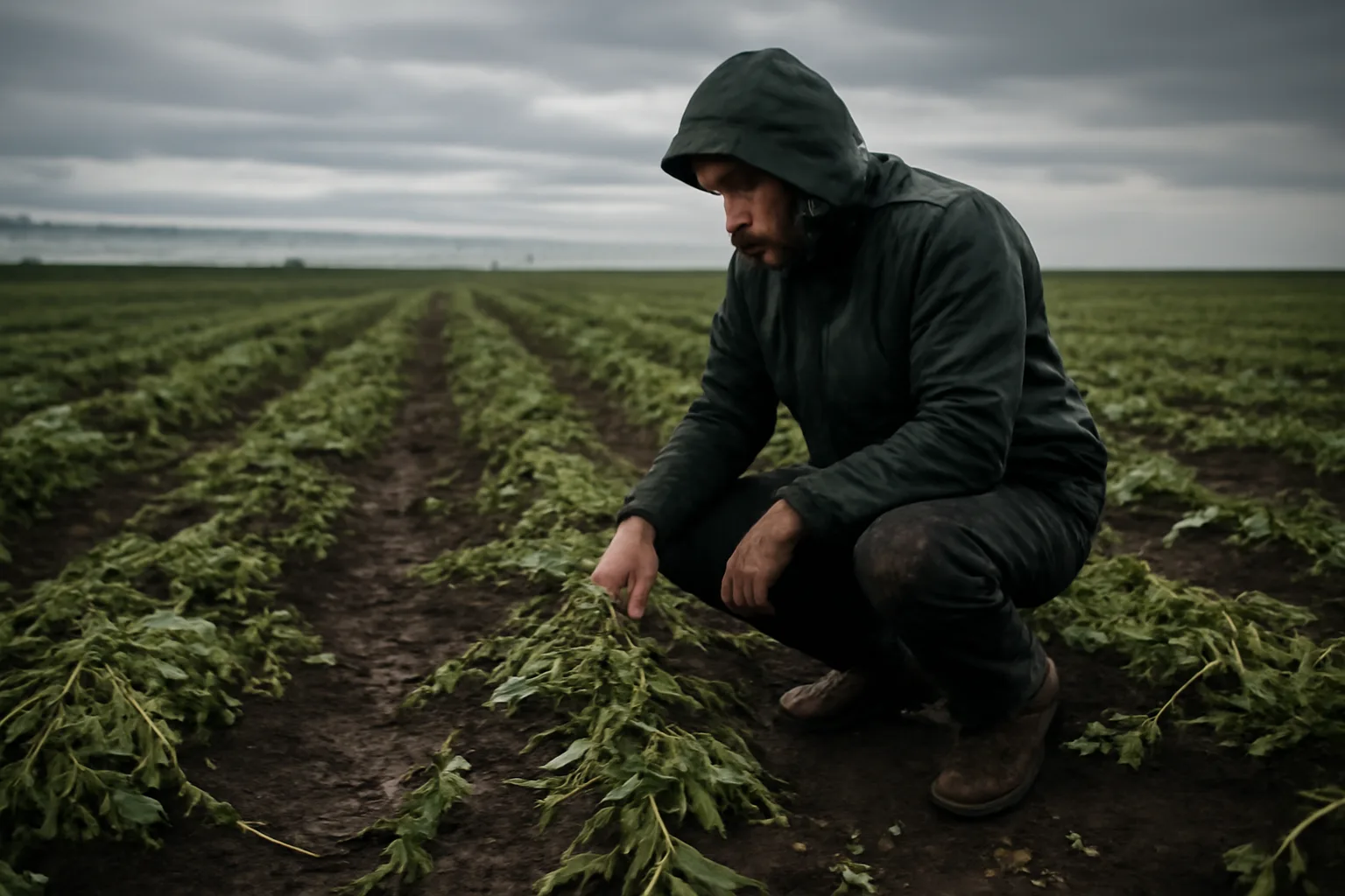 Farm adjuster inspects hail-damaged potatoes in an Idaho field