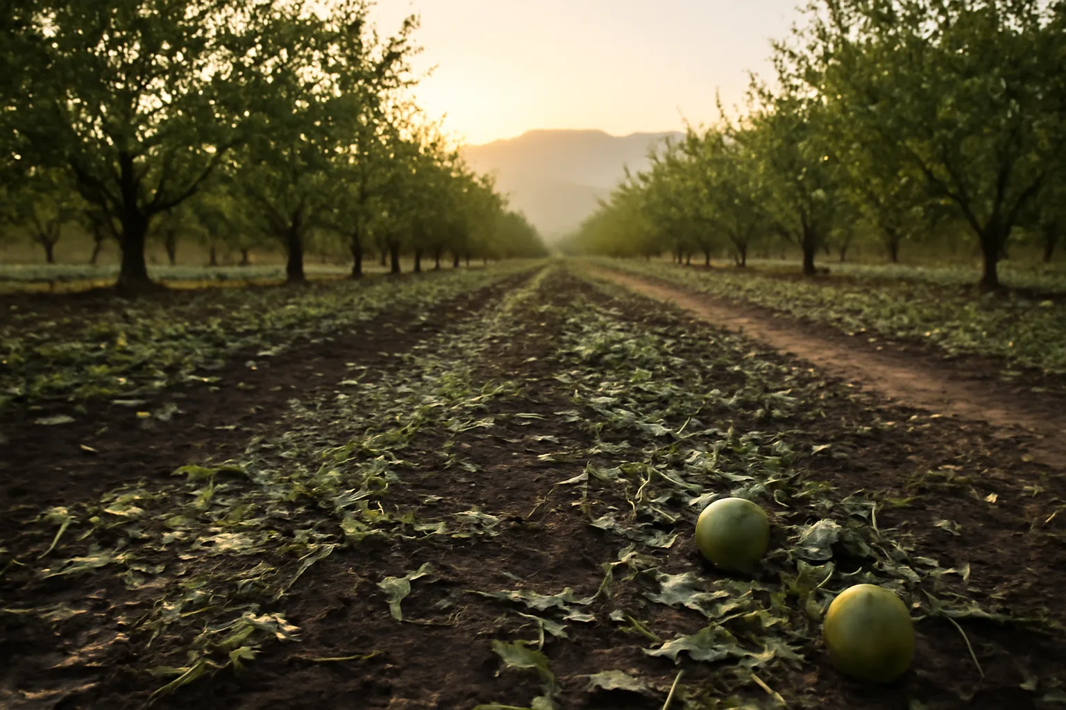 Hail-damaged fruit in a wet California orchard after a storm