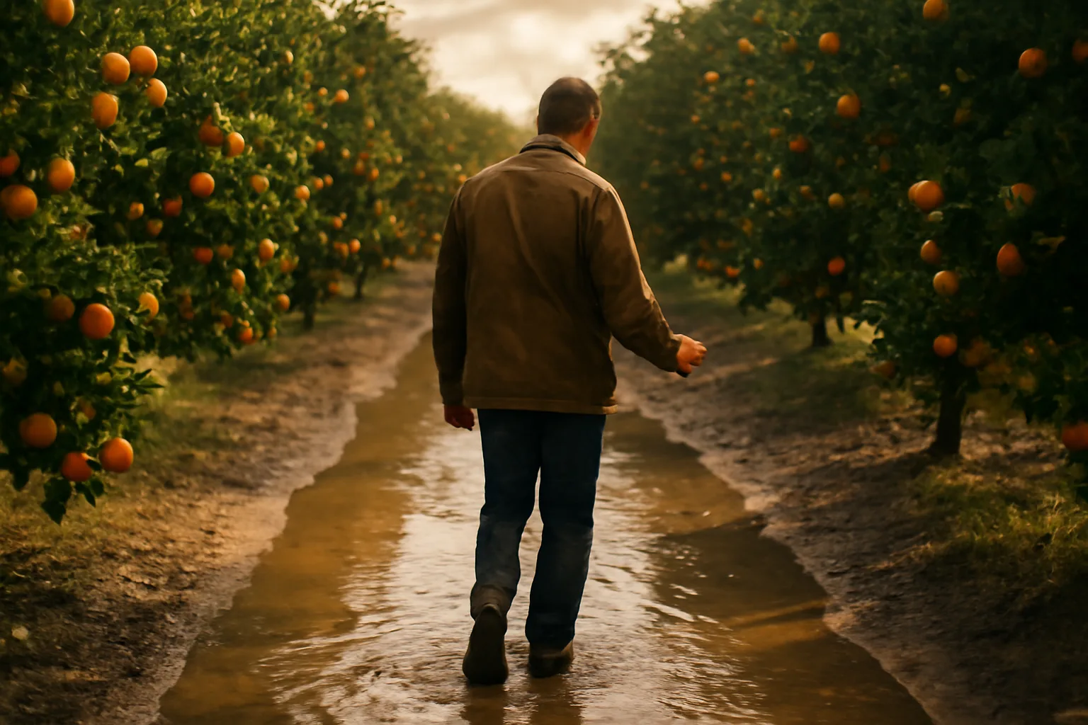 Farm adjuster walking a wet Florida citrus grove after a storm