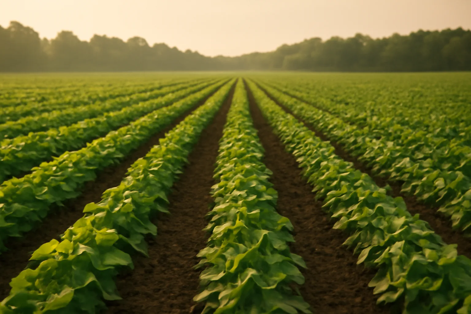Golden-hour soybean field in Alabama with long crop rows stretching to treeline