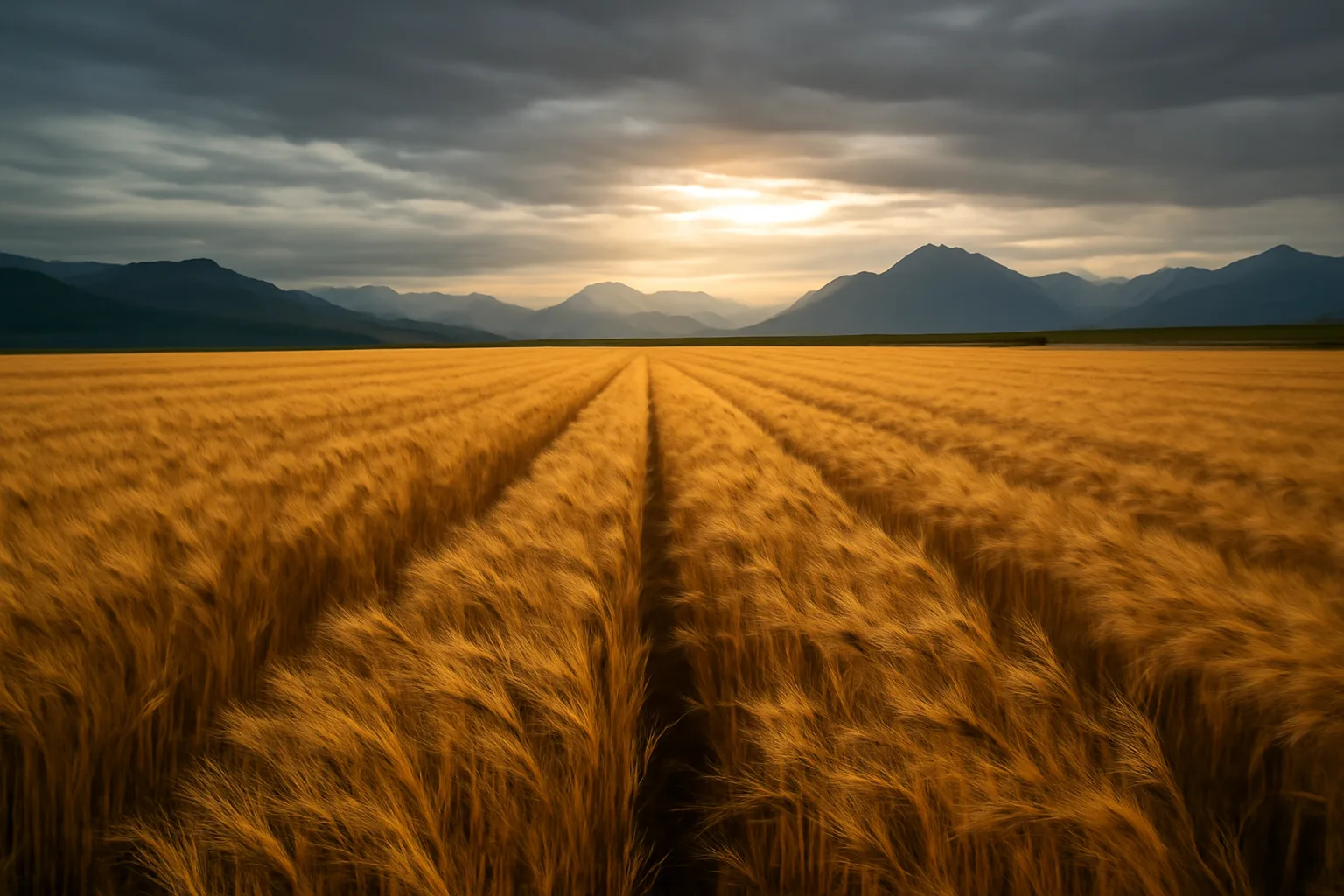 Barley field under late summer light in interior Alaska with mountain backdrop