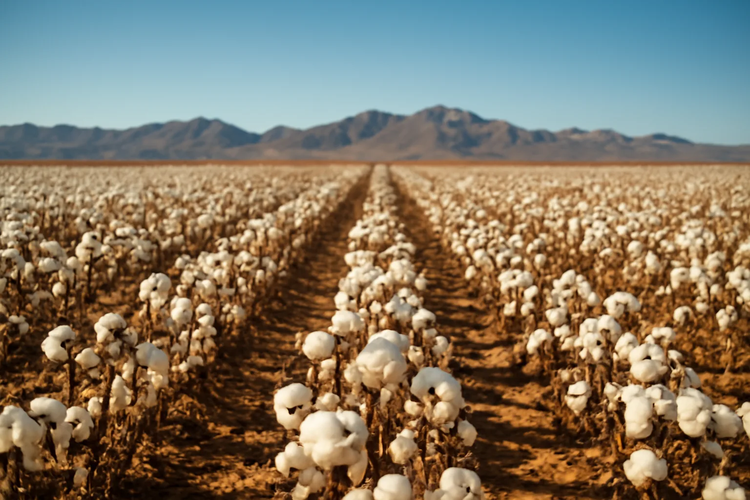 Sunlit Arizona cotton field with rows stretching toward distant mountains