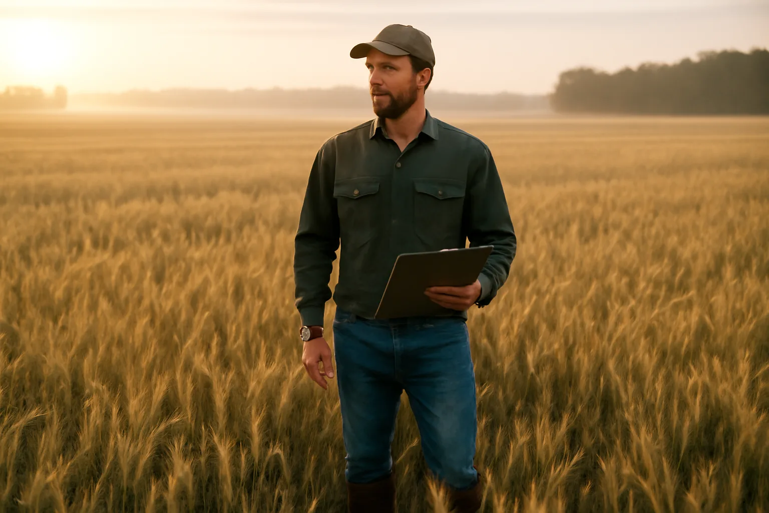 Farm adjuster walking through an Arkansas wheat field at dawn with a clipboard