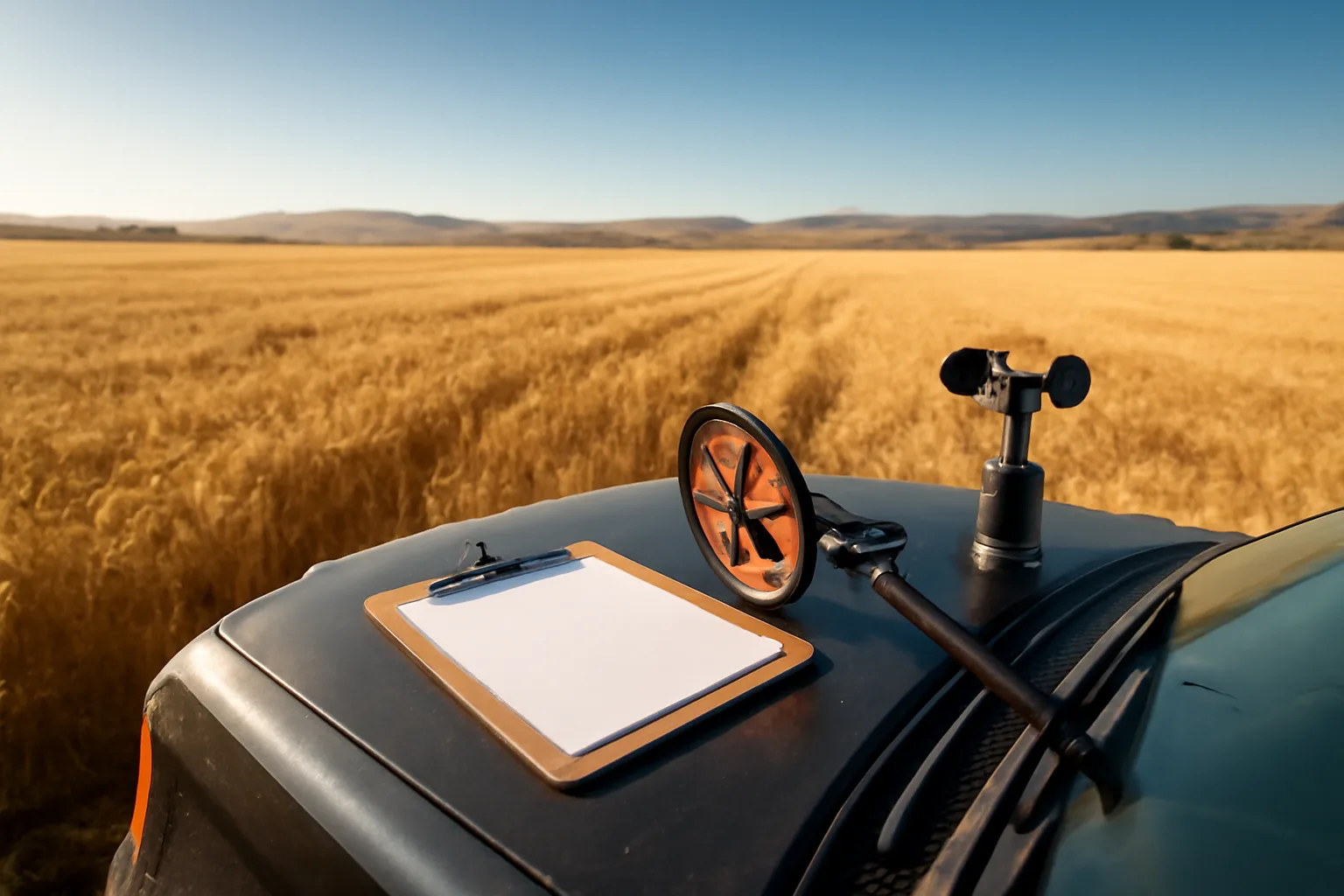 Farm adjuster checking crop damage in a California wheat field