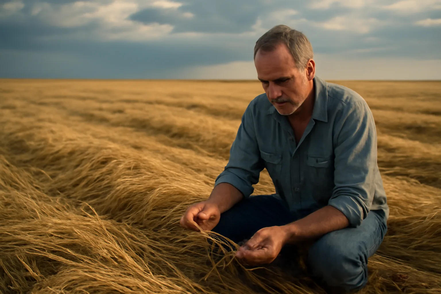 Farm adjuster inspecting storm-damaged wheat on Colorado plains