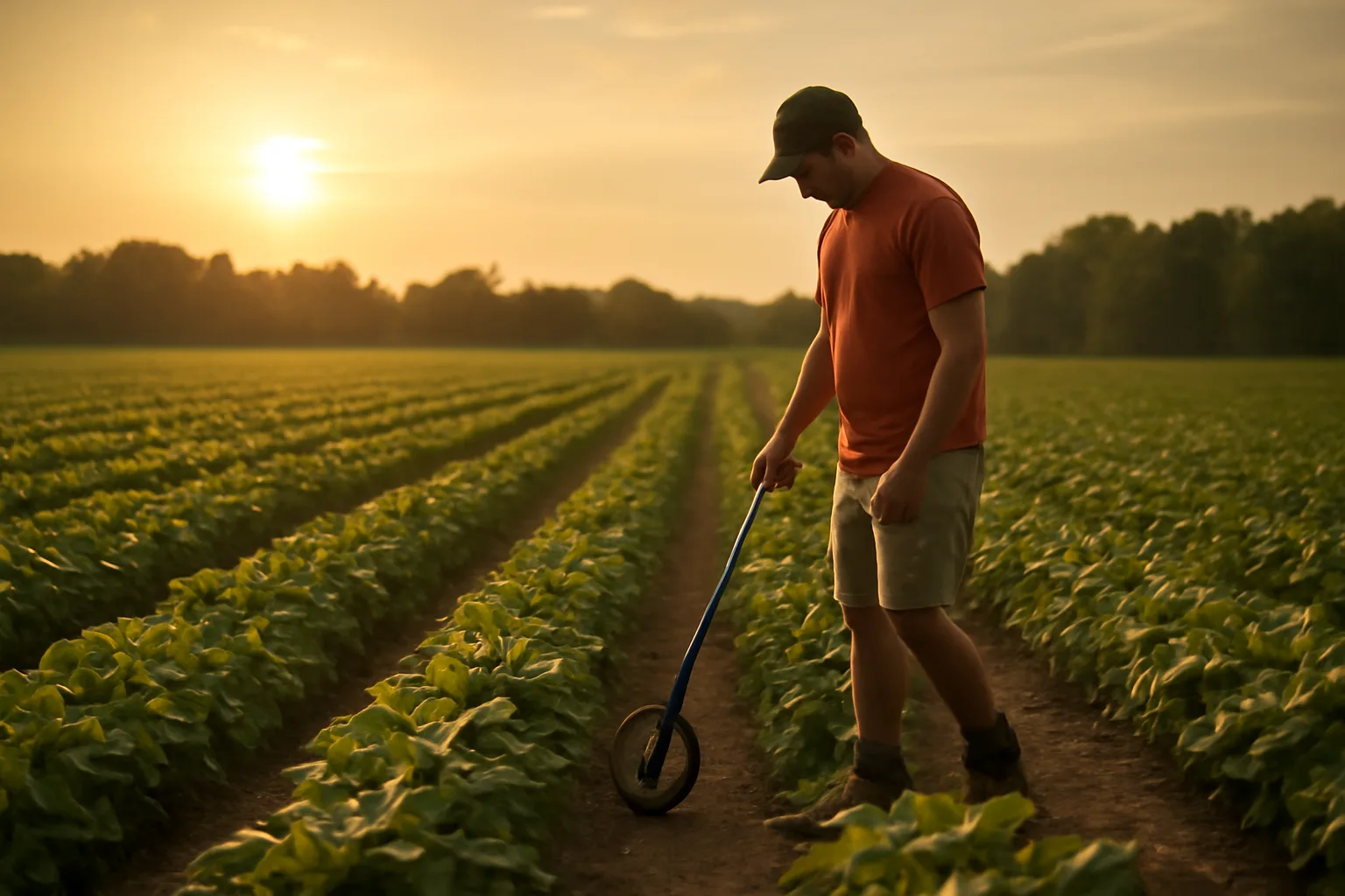 Farm adjuster with measuring wheel in a Delaware soybean field