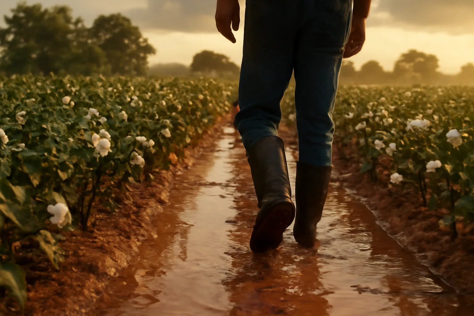 Storm-damaged Georgia cotton field walked by a farm adjuster