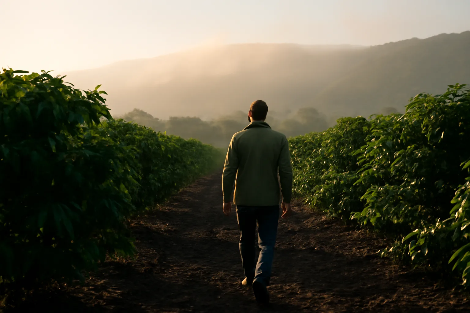 Farm adjuster walking a Hawaii coffee orchard in morning light