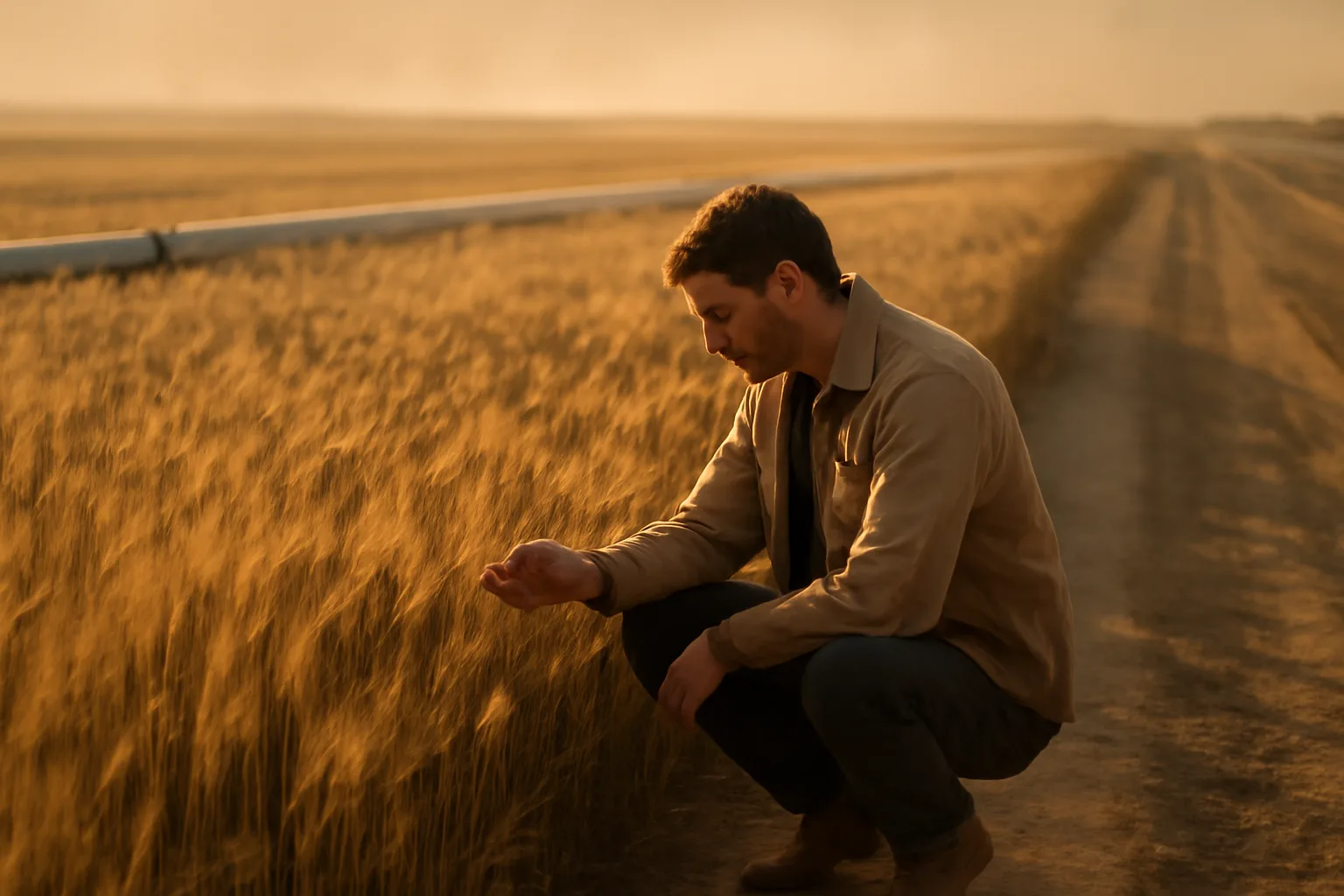 Adjuster inspecting barley damage in an Idaho field at dusk
