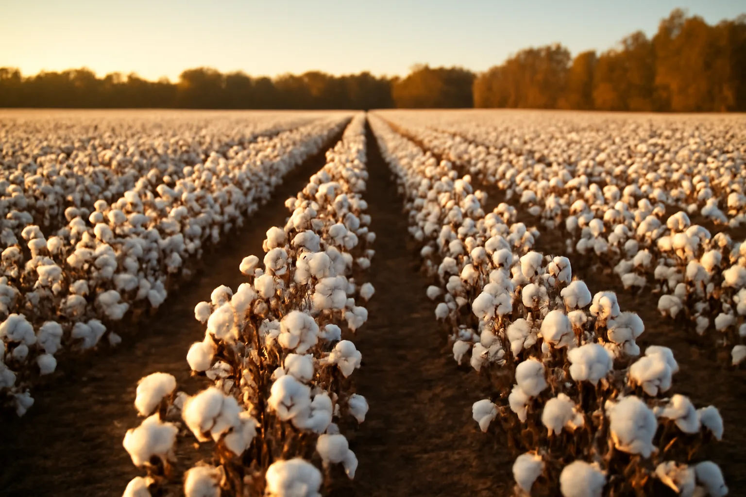 Alabama cotton field at golden hour with rows of mature bolls, no text
