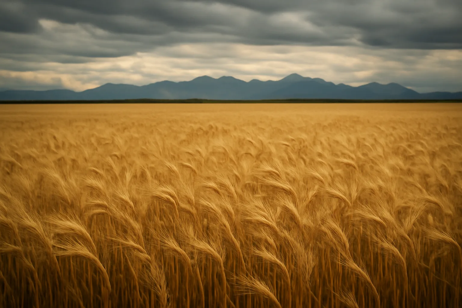 Alaska barley field under late summer overcast sky with distant mountains
