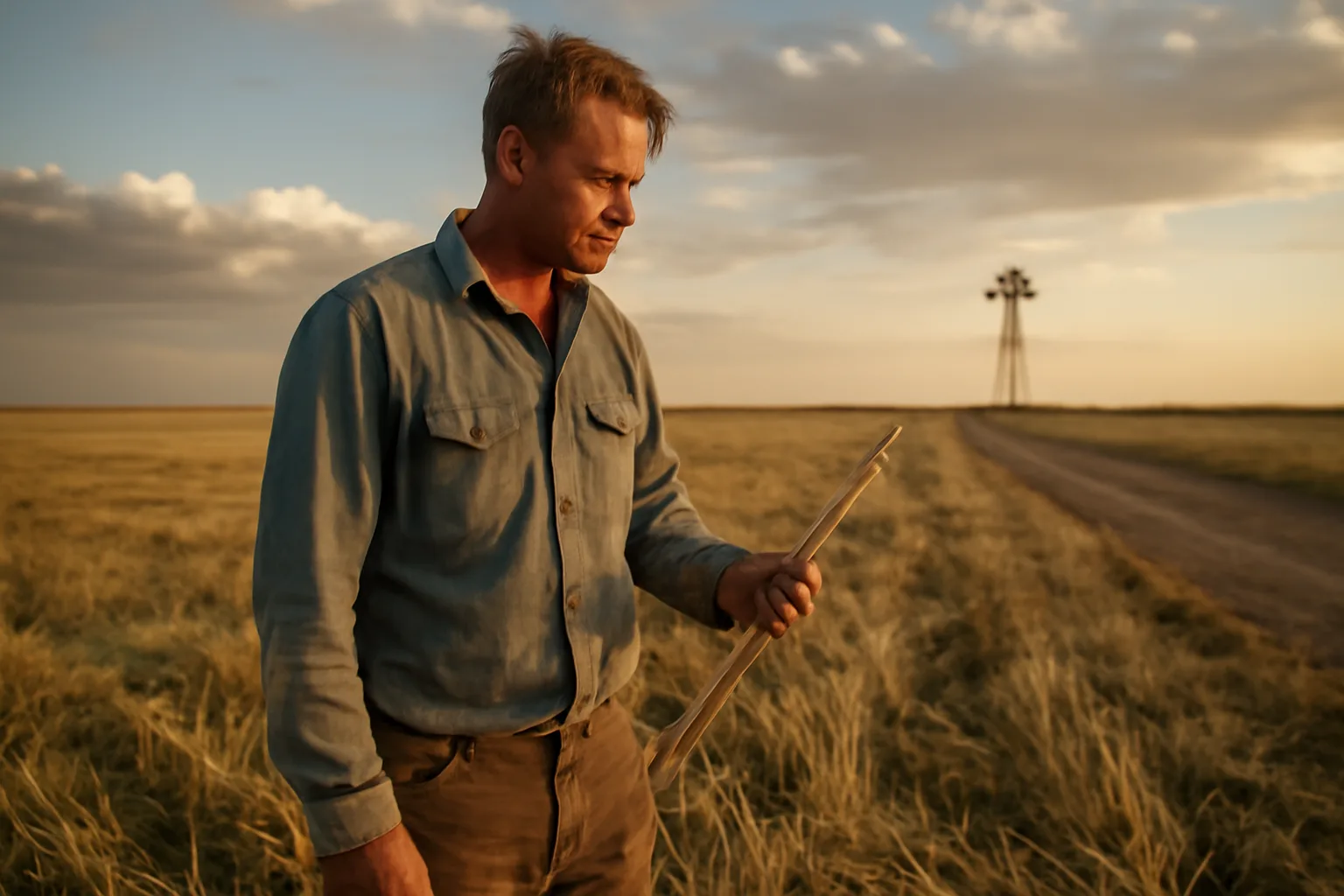 Man inspects hail-flattened wheat during Colorado farm adjusting