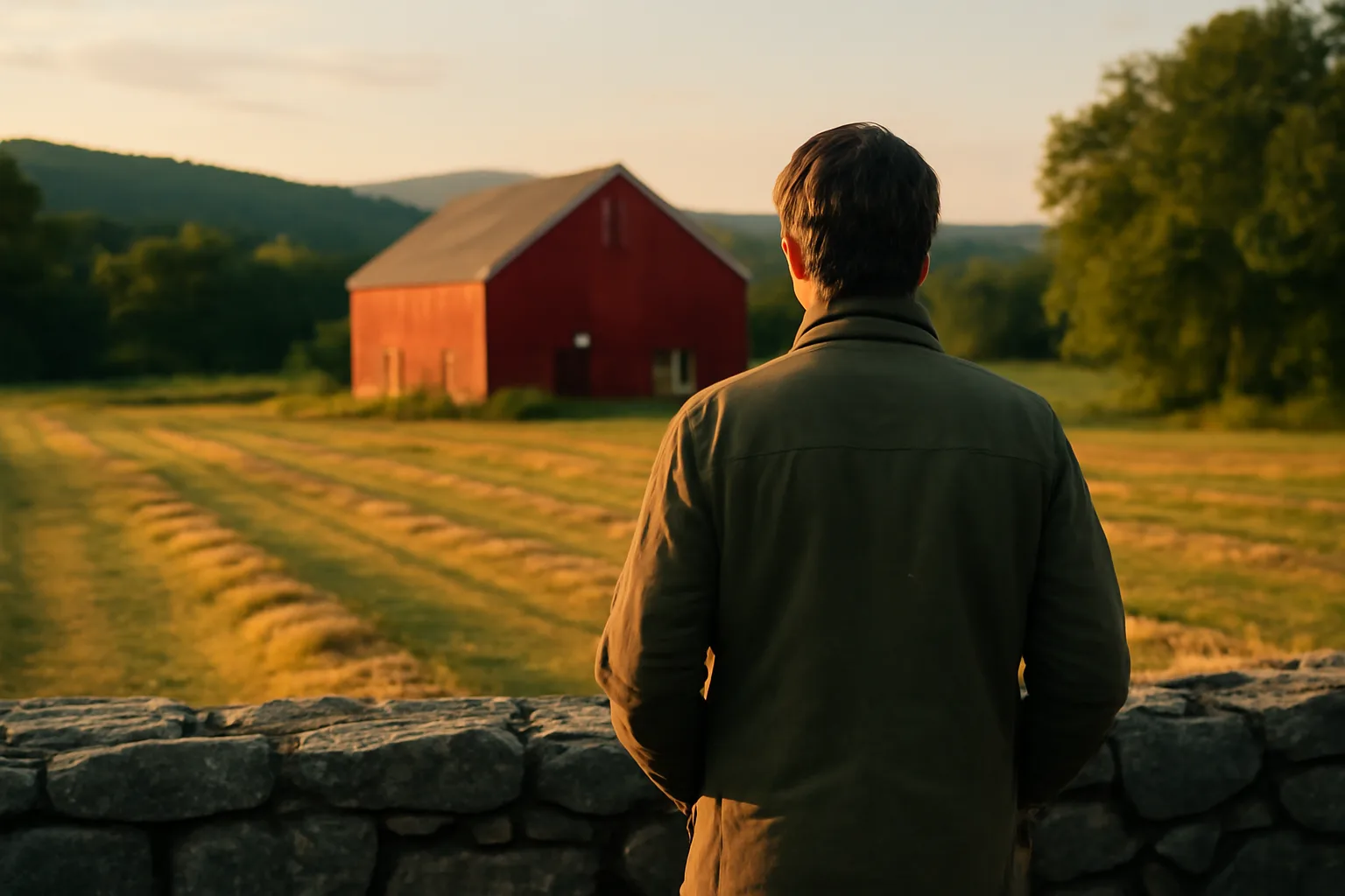 Person by a stone wall facing a Connecticut farm barn