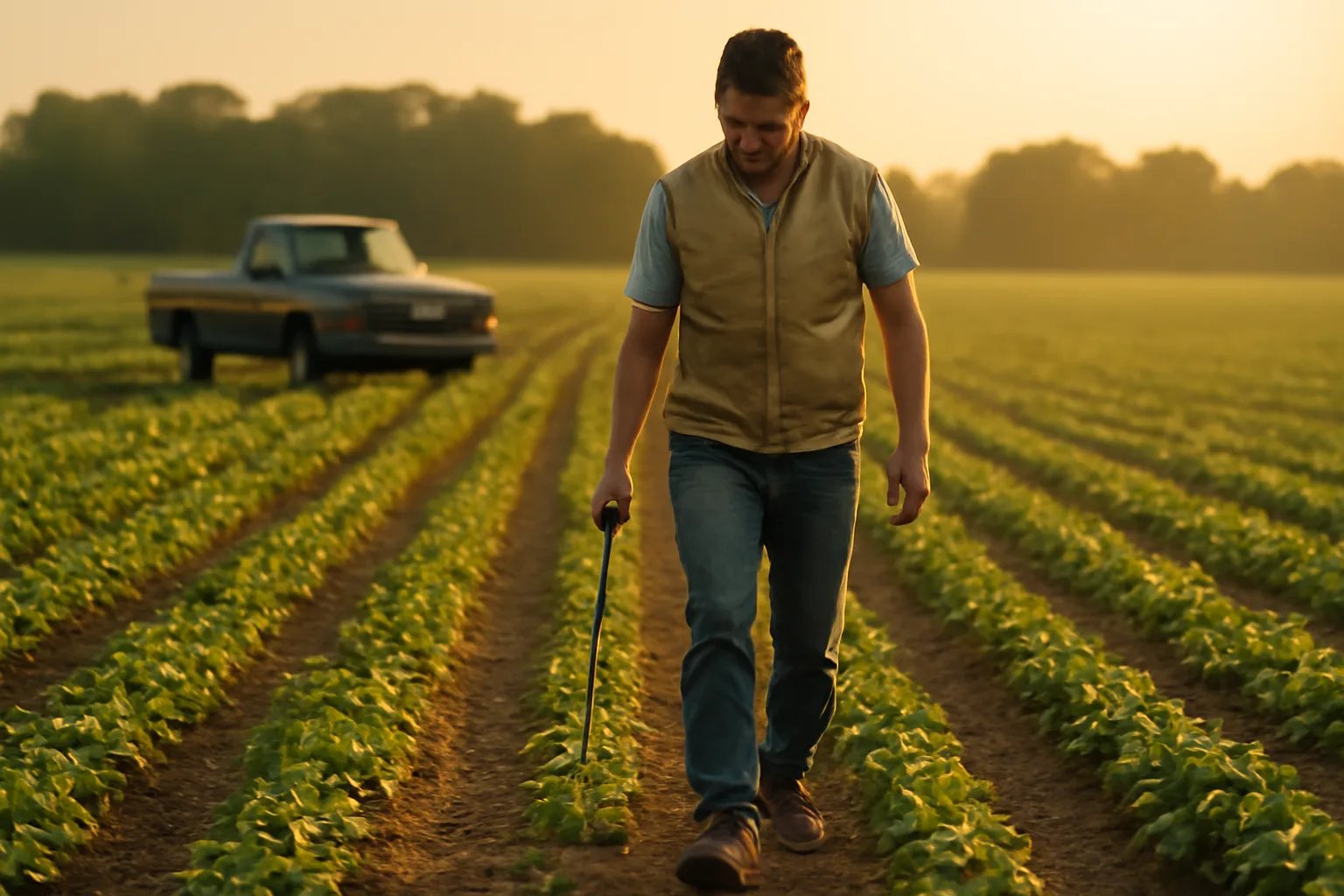 Farm adjuster walking a Delaware soybean field at harvest