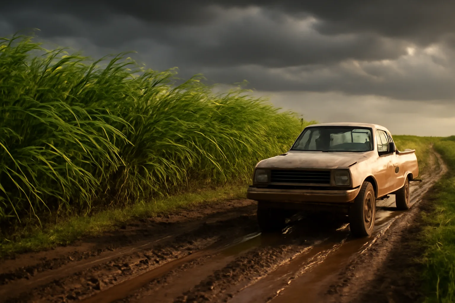 Unmarked truck beside storm-bent Florida cane after farm wind damage