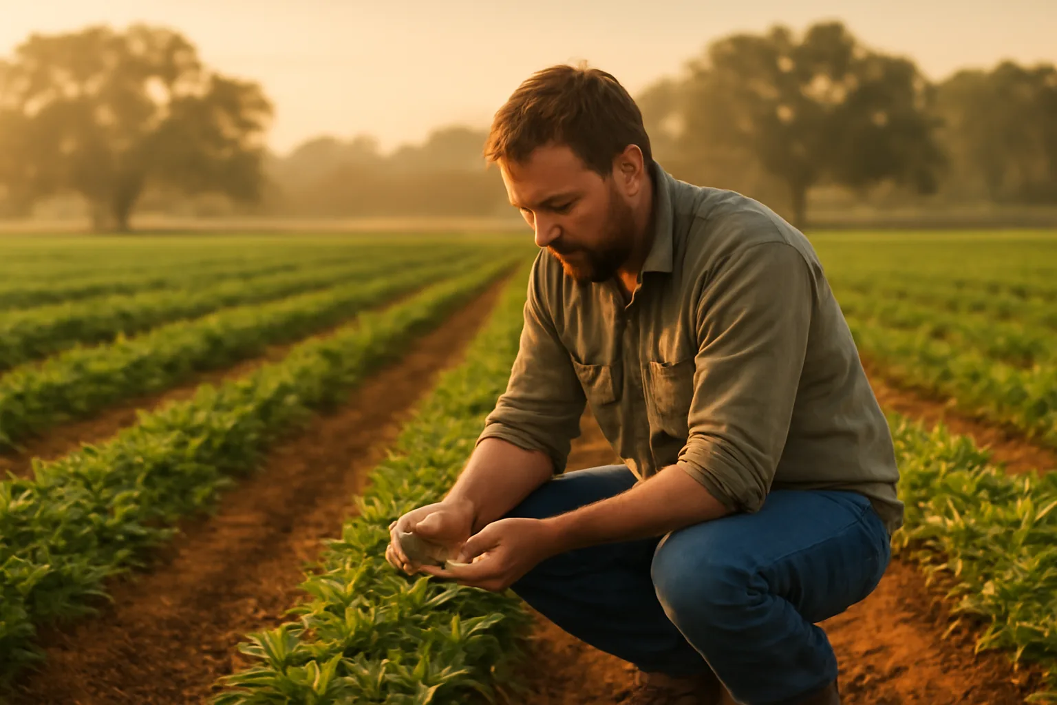 Person inspecting peanut plants in a Georgia field at sunset