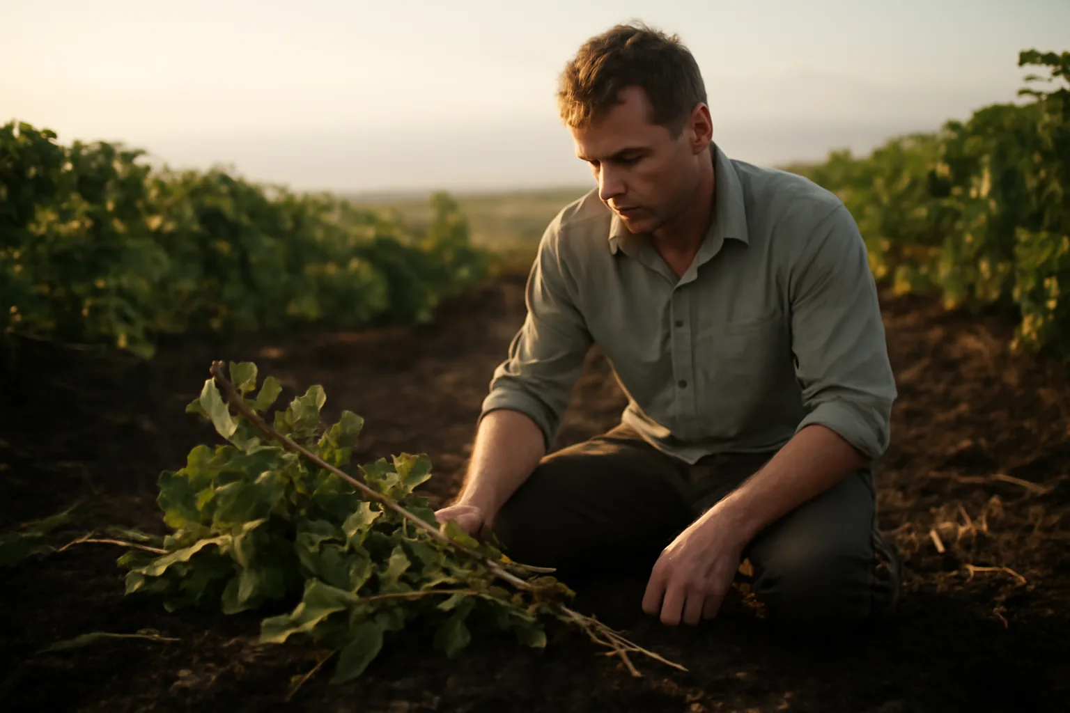 Field adjuster inspects wind-damaged coffee trees on a Hawaii farm slope