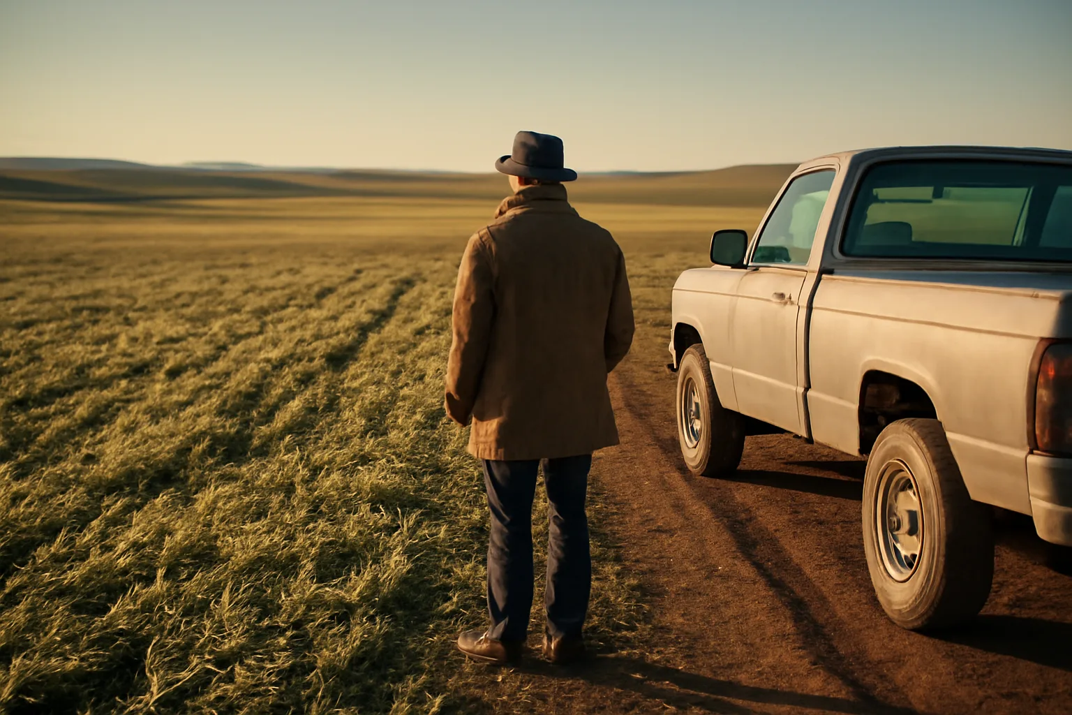 Farm adjuster viewing hail-flattened wheat in rural Idaho