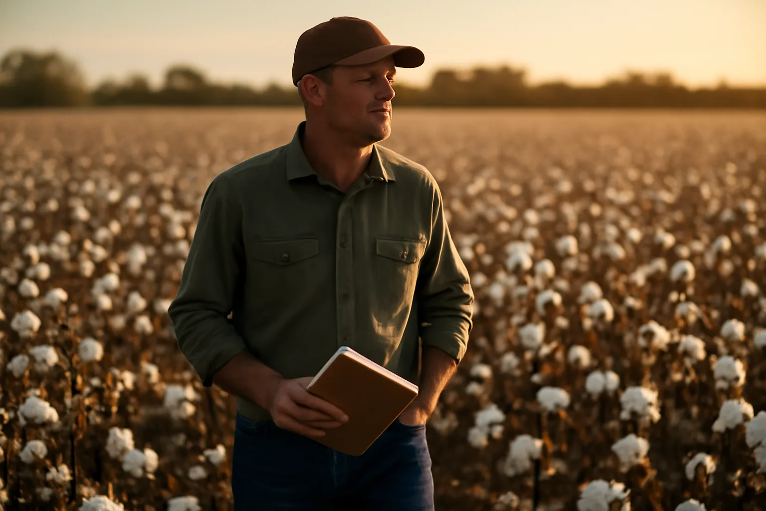 Farm adjuster walking through a cotton field in Alabama at golden hour