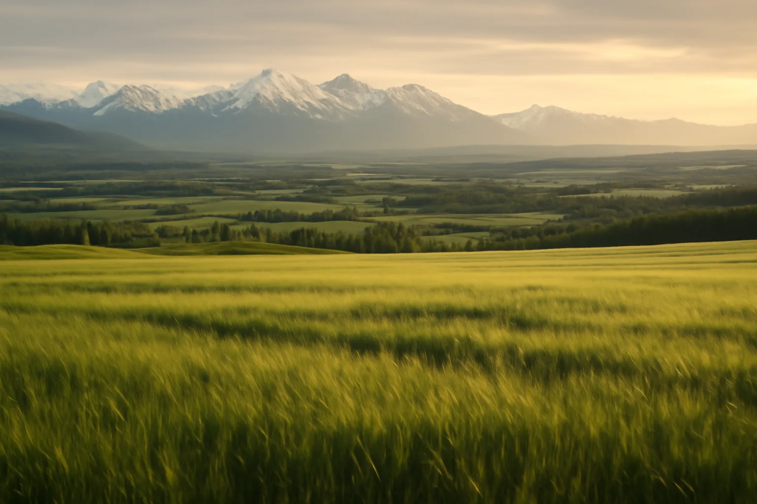 Barley fields in Alaska's Matanuska-Susitna Valley with mountains in the background