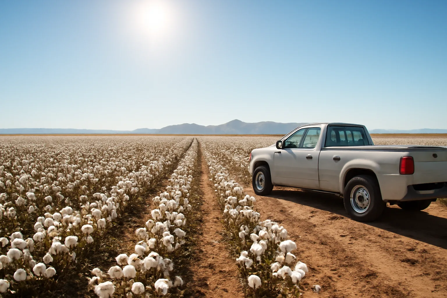 Arizona cotton field with pickup truck and mountain backdrop on a sunny day