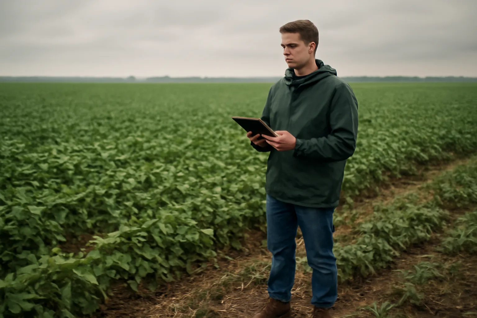 Farm adjuster in rain jacket examining hail damaged Arkansas soybean field