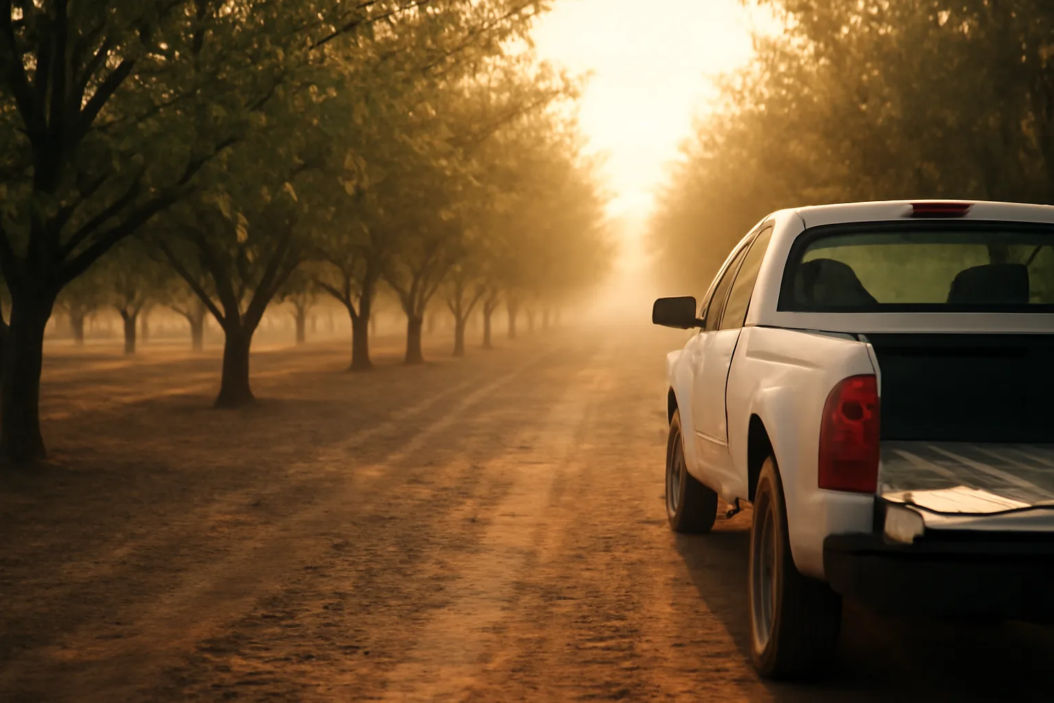 Almond orchard in California at sunrise with pickup truck on farm access road