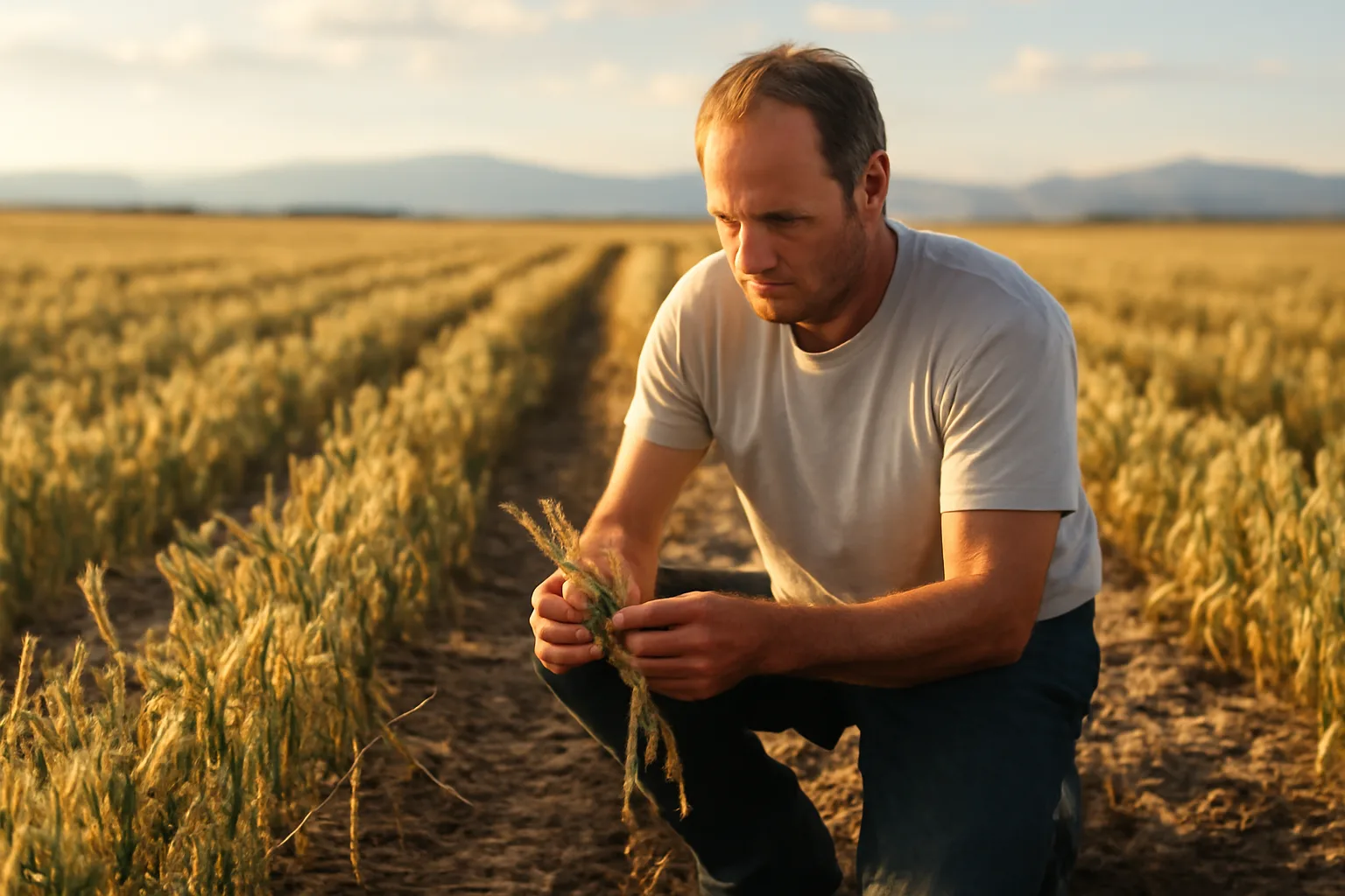 Person kneeling in hail-damaged wheat on Colorado eastern plains