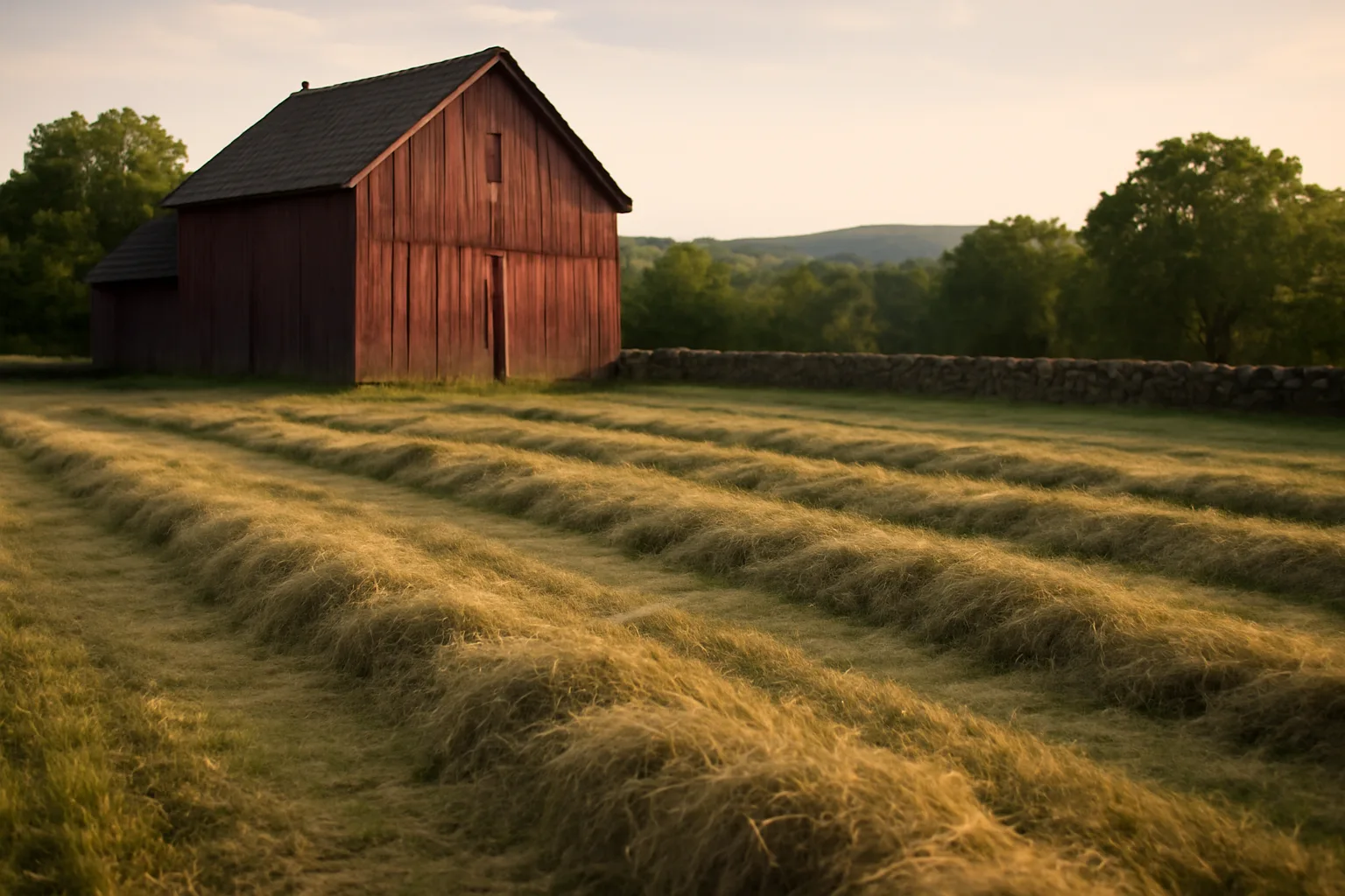 Cut hay and a barn in Connecticut at evening for farm adjusters