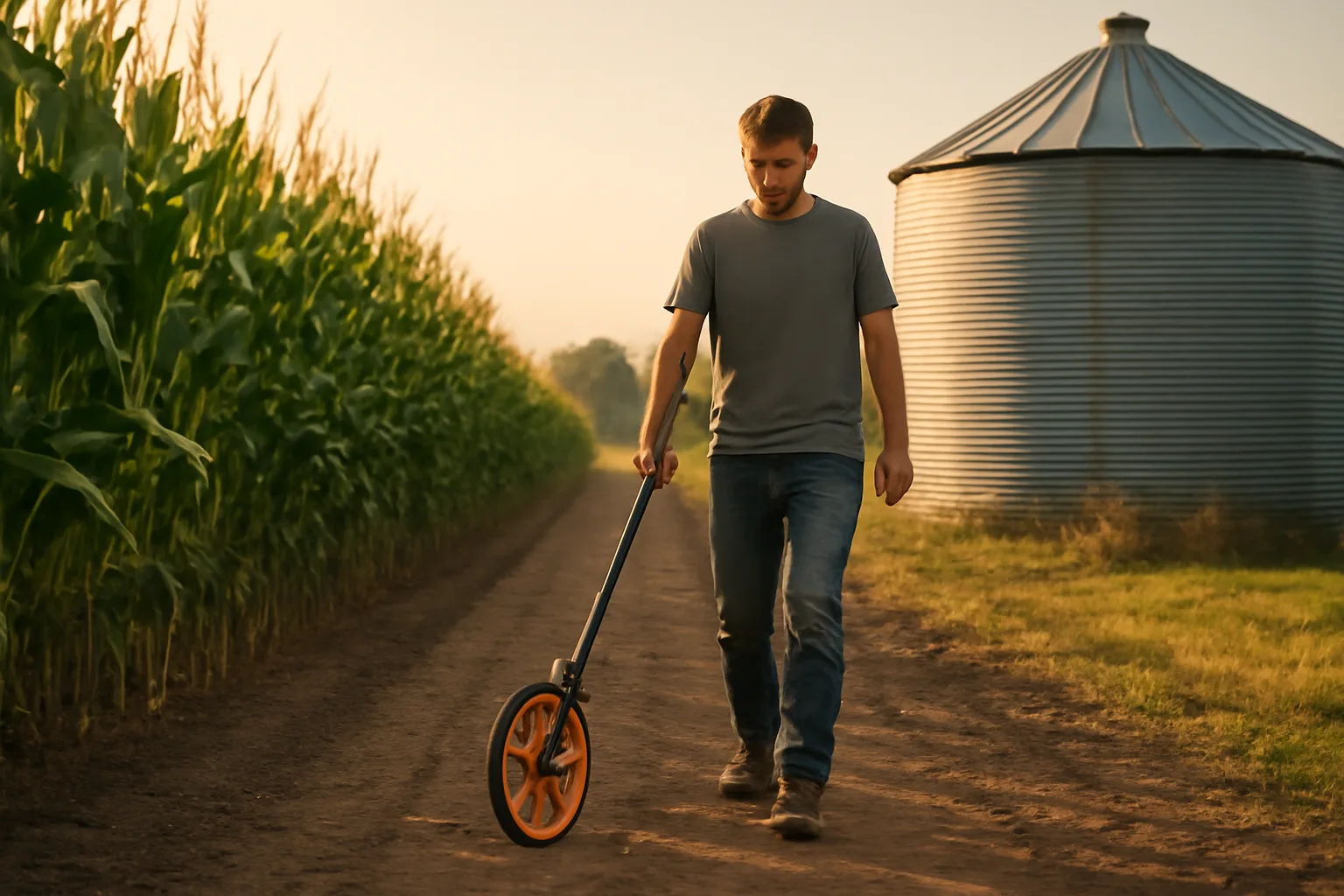 Farm adjuster walking a Delaware corn field at harvest light