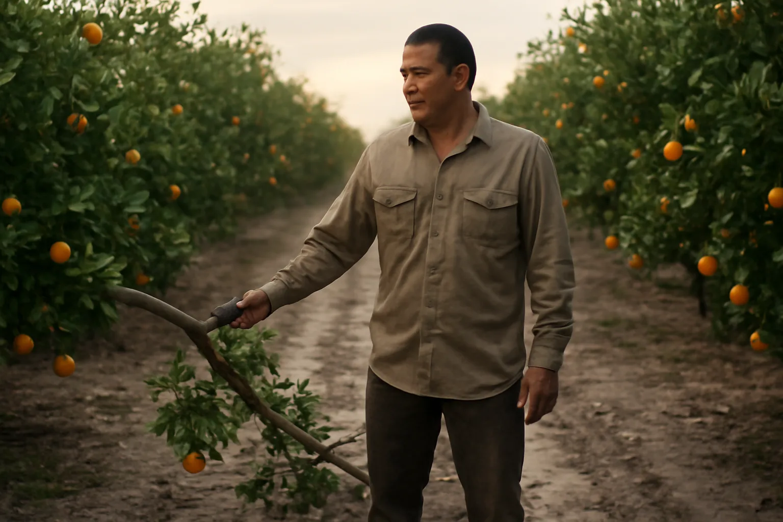 Farm adjuster inspecting wind-broken citrus trees in a Florida grove