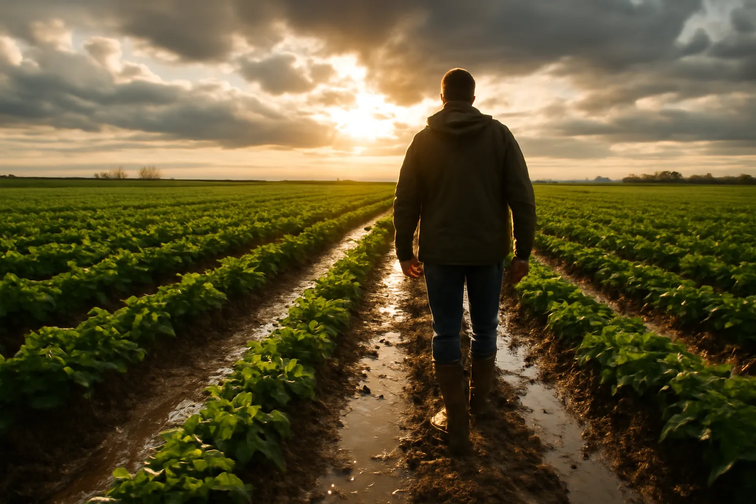 Farm adjuster walking a wet Idaho potato field after hail
